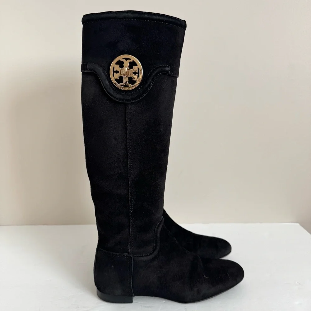 TORY BURCH Selma Black Suede Logo Riding Tall Boot Knee High size 5